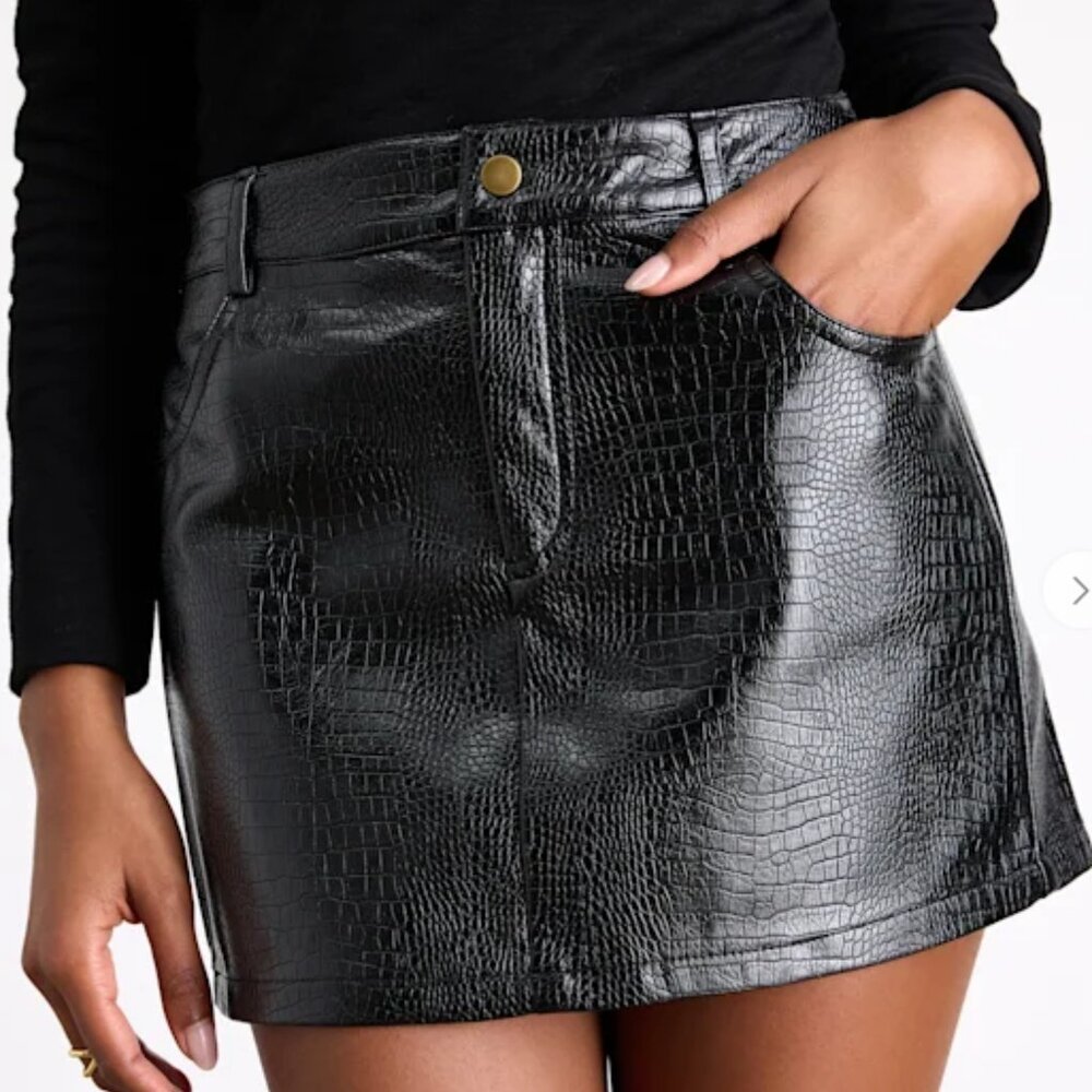 Excellent Mood Black Croc-Embossed Vegan Leather Mini Skirt Lulus